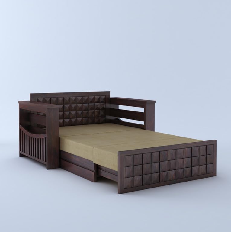 Image of Solid Sheesham Wood Sofa Cum Bed 2 Seater | Wooden Foldable Double Bed for Living Room with Storage | Bed Cum Sofa with Mattress for Home | Full Diamond Design (Walnut Finish)