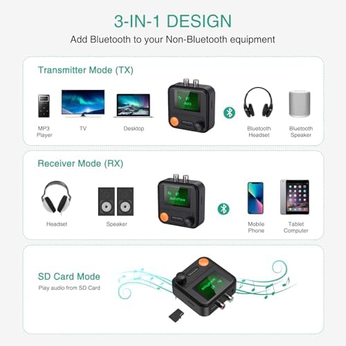 Oria Adapter Bluetooth 5.2 Aux, nadajnik/odbiornik audio Bluetooth 2 w 1, wyświetlacz 1,4 cala, bezprzewodowy adapter muzyczny Bluetooth, do telewizora, domowego zestawu stereo, słuchawek