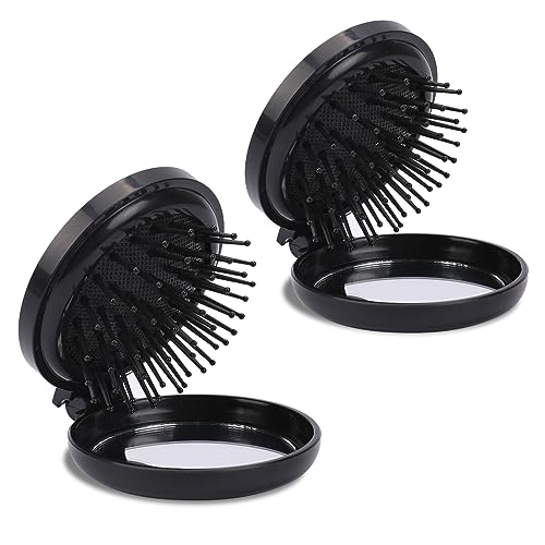 2 Pack Folding Travel Hair Brush with Mirror, Portable Small Round Massage Comb Compact Pocket Size Hair Styling Tools for Women (Black)