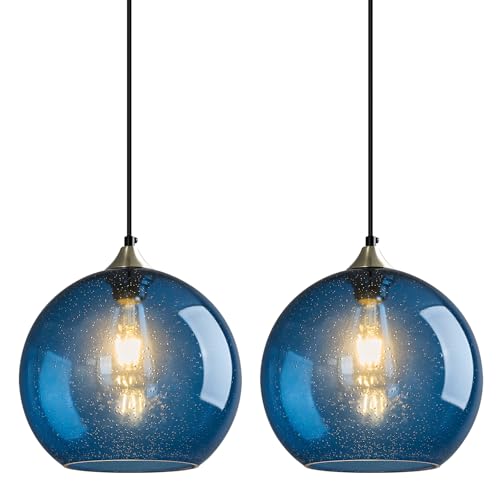 Image of Blue Glass Pendant Lights Kitchen Island Lighting Globe Pendant Light Fixtures Modern Pendant Lighting for Kitchen Island Bedroom Living Dining Room Light Fixture(9.84in, 2-Pack)