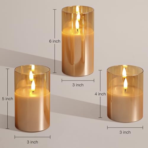 Eywamage Gold Glass Flameless Candles with Remote, Flickering Battery Christmas LED Pillar Candles Set of 3