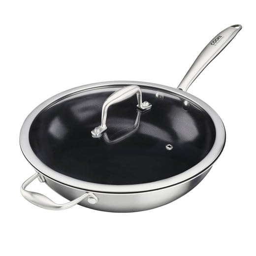 Cooks Professional Tri-Ply Wok with Tempered Glass Lid & Non-Stick Ceramic Coating | 28cm Aluminum & Stainless-Steel Versatile Cooking Pan | Compatible with All Hobs Inc Induction & Oven Safe