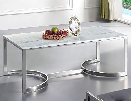 Meridian Furniture Copley Collection Modern | Contemporary Square Marble Veneer Top Coffee Table With Stainless Steel Base And Polished Chrome Finish, 48" W X 25" D X 18.5" H #TOP2