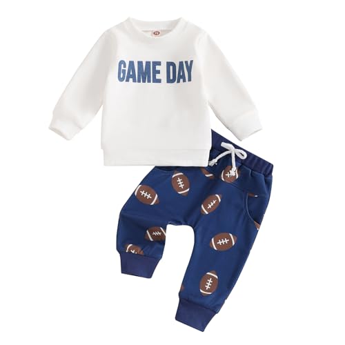 Gaono Toddler Baby Boy Football Outfit 2 Piece Fall Winter Clothes Rugby Print Pullover Sweatshirt And Jogger Set (A-White, 18-24 Months)