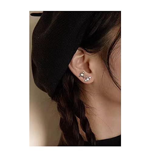 Angel Devil Stud Earrings For Women Girls Asymmetrical Love Heart Angel Wings Earring Small Moonstone Earring Black Ear (Silver) #TOP1