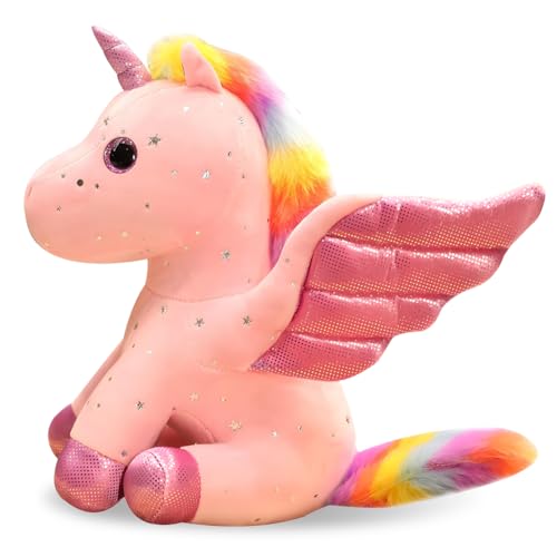YUPDFGB Plüschtier Einhorn Puppe, Glänzende Mehrfarbig Regenbogen Engel Einhorn Pegasus Plüschtier, Weiches Geburtstagsgeschenk für Baby, Kleinkind, Kinder(Rosa,22cm)