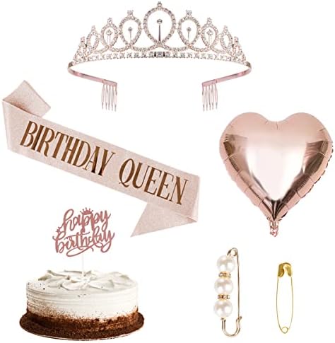 Frigatebird Birthday Girl Sash & Rhinestone Tiara Crown with Cake Topper Brooch Balloons for Women Girls Birthday Gift Kit Glitter Decoration Supplies Party Favors, Rose Gold