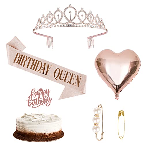 Frigatebird Birthday Girl Sash & Rhinestone Tiara Crown With Cake Topper Brooch Balloons For Women Girls Birthday Gift Kit Glitter Decoration Supplies Party Favors, Rose Gold #TOP3