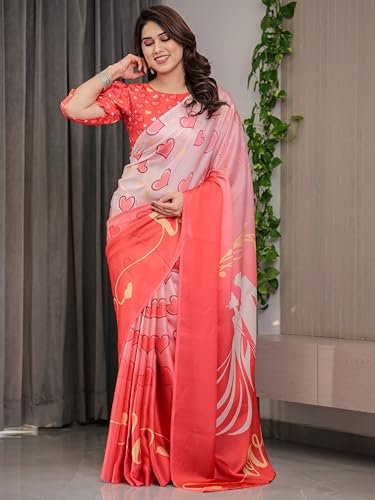Image of ALMAARI FASHION Women's Floral Printed Georgette Satin Saree with Unstitched Blouse Piece | Traditional Ethnic Wear Sarees | Soft Lightweight Ethnic Office Wear Daily Wear Indian Sari (SG 151-160 H)