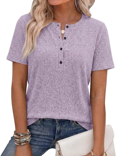 ANRABESS Womens Tops Short Sleeve Henley Shirts Dressy Casual Blouse Summer Cute Tshirt 2026 Spring Lightweight Tunic Sweater Light Purple X-Large