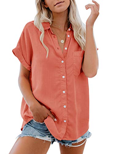 Umeko Womens Blouses Casual Long Sleeve Wrap Chiffon Tie Knot Front Work Blouse Tops (X-Large, Y-Reddish Orange)