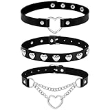 Ronglry Black Leather Choker Necklace for Women Heart Choker Set PU Leather Punk Goth Choker Collar Necklace Adjustable Cool Gothic Black Choker Necklaces for Party Cosplay Gifts-Heart Leather 3pcs
