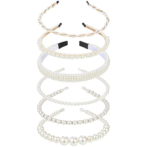 Geosar 6 Pieces Pearl Headband Girls White Bling Faux Pearl Rhinestones Hairband Bridal Headband Wedding Hair Accessories for Women Girls Bridal Bridesmaid