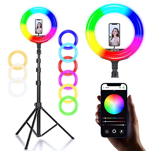 ORDRO Anillo de luz LED RGB de 16 pulgadas con soporte de trípode de 1,9 m, control de aplicación para Studio Tiktok Live Stream YouTube (3528RGB/CRI 95+/2600K ~ 10000K/544LEDs/60W) Cover