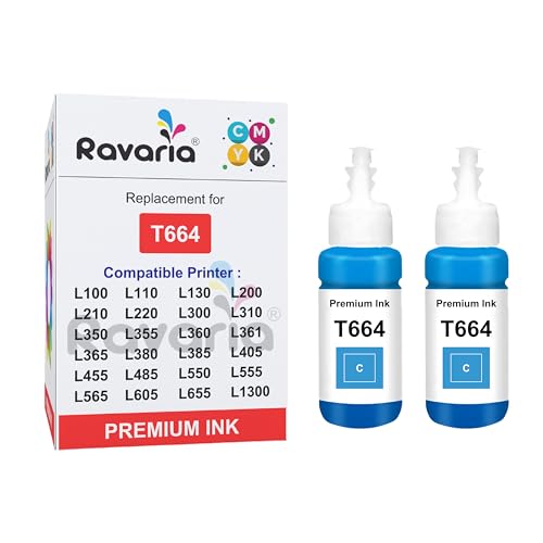 Image of T664 Compatible Ink for Ep L100, L110, L130, L200, L210, L220, L300, L310, L350, L355, L360 L361, L365, L380, L385, L405, L455, L485, L550, L555, L565 Printer (T664 Cyan 2 Pcs)