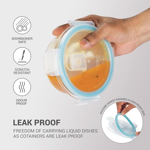Image of Treo by Milton All Fresh Glass Tiffin Containers With Insulated Bag (Wedesi), 3 Containers, 400 ml Each, Microwave Safe, Ovensafe, Stackable, Leak Proof, Office, Blue