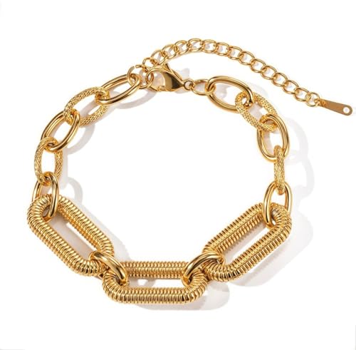 Generico Bracelet femme à chaîne grrosse en acier inoxydable doré – Grands maillons rectangulaires et ronds diamantés, imperméable