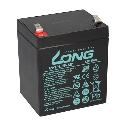 Kung Long WPL5-12 - Batería de plomo (12 V, 5 Ah, 6,3 mm, Faston F2, de bajo mantenimiento y a prueba de fugas, Longlife, compacta, 90 x 70 x 107 mm, para UPS Alarma de emergencia de