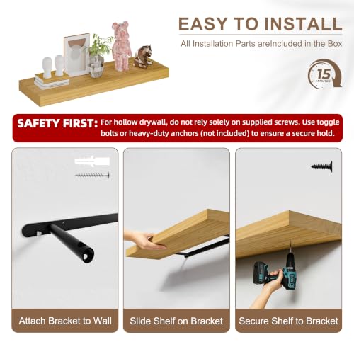 Image of 48 Inch Extra Long Floating Shelves, Set of 2 Deep Floating Shelves 12in Depth, Floating Shelves Long Heavy Duty Wood Shelves for Wall, Solid Wood Sleek Light Brown