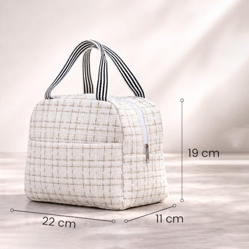 Image of The Earth Store Beige Check Insulated Lunch Bag for Office, Men, Women | Travel Tiffin Bag with Handle, Waterproof & Leakproof | Reusable Thermal Lunch Box Bags