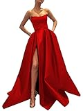 MllesReve Womens Long Strapless Satin Prom Dress Sleeveless Slit Evening Ball Gown with Pockets Red Size 6
