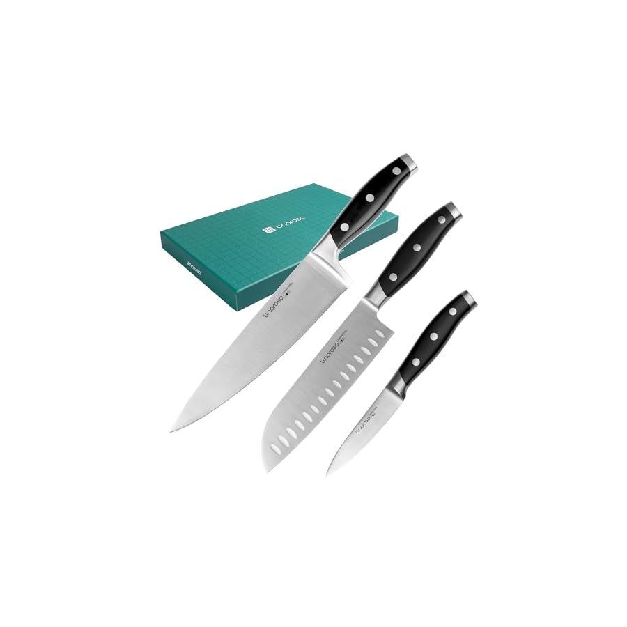 linoroso 3 Piece Knife Set, Chef Santoku Paring Knife Set with Elegant Gift Box, Sharp Forged German Carbon Stainless Steel Knives with Full Tang Ergonomic Handle for Home Kitchen and Restaurant