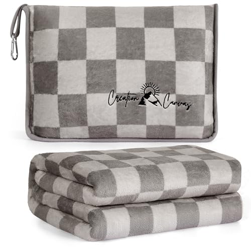 Travel Blanket (Checkered Taupe) - Extra Long 72” Airplane Blanket for Long Flight Journeys - Soft, Cozy Travel Pillow and Blanket Set Hooks on Suitcase, Backpack - Lightweight Travel Gifts