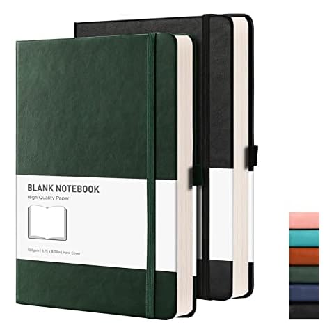 RETTACY Blank Notebook A5 Plain Notebook 2 Pack - 384 Pages Unlined Notebook with 100gsm Blank Paper, Pen Holder, Inner Pocket, for Sketch Office School Work Women Men Work 14.5 x 21cm - Black Green Cover