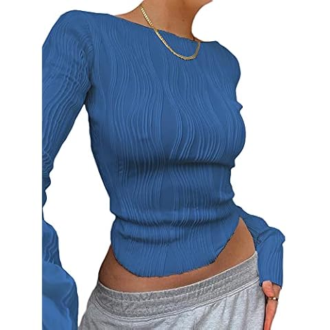 Yoisdtxc Women's Y2K Long Sleeve Top with Wave Pattern,Vintage Aesthetic Slim Fit Textured Cropped Top Stretch Crew Top Streetwear (A-Blue, M) Cover