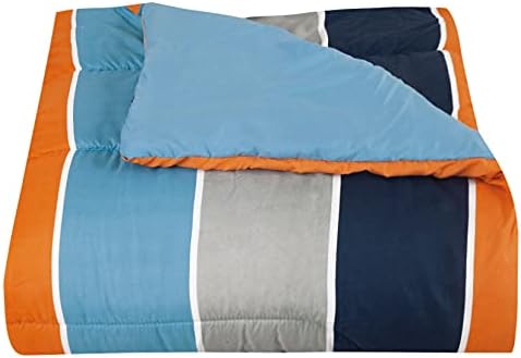 Sapphire Home 3 Piece Full Size Comforter Set with Shams, Blue Orange Gray Stripes Print Multicolor Boys Kids Girls Teen Comforter Bed Cover, (Kids Stripe, F, 3pc)
