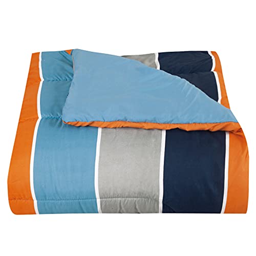 Sapphire Home 3 Piece Queen Size Comforter Set Bed in Bag with Shams, Blue Orange Gray Stripes Print Multicolor Boys Kids Girls Teens Bedding, (3pc, QN, Navy/Orange)