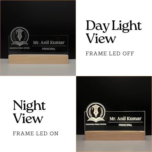 Image of Customised Acrylic Desk Name Lamp for Principal | Custom LED Light with School College Logo | Best Birthday Rakhi New Joining Office Gift for Vice Principal, Headmaster, Headmistress, School Director Admin Teacher (10 x 6 inch) (For Principal)