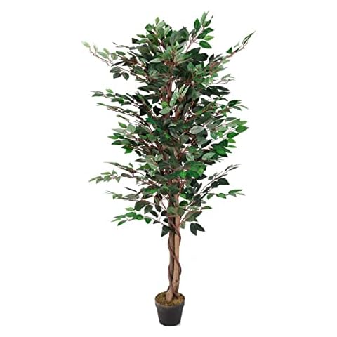 Planta artificial Ficus de madera, hojas de tela, macetero de plástico, color negro Cover
