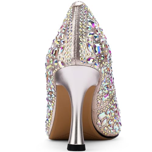 TDD High Heels for Women Stiletto Stylish Glitter Rhinestone Crystal Sexy Pointed Toe Shoes Dressy Comfortable Sexy Elegantes Slip On Sparkly Ladies Formal 3 Inch Pumps3