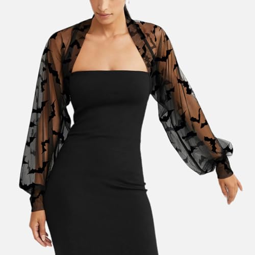 Image of Women's Bat See Through Shrug Open Front Long Sleeve Sheer Mesh Crop Top Sexy Gothic Mesh Cardigan Shirt
