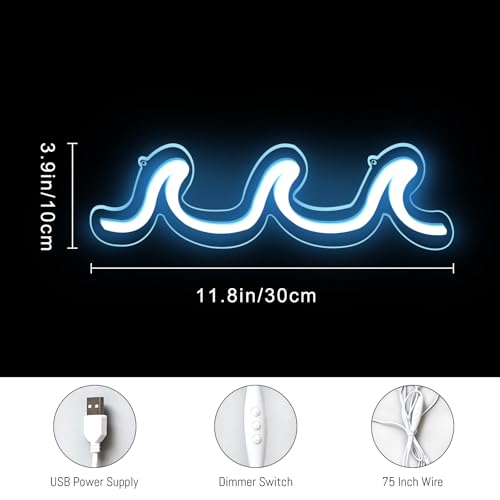 Image of Wave Neon Signs Light Blue LED Night Lights With Dimmable Switch For Kids Wall Decor USB Powered For Living Room Bar Bedroom Christmas Gift(11.8 * 3.9 inch)