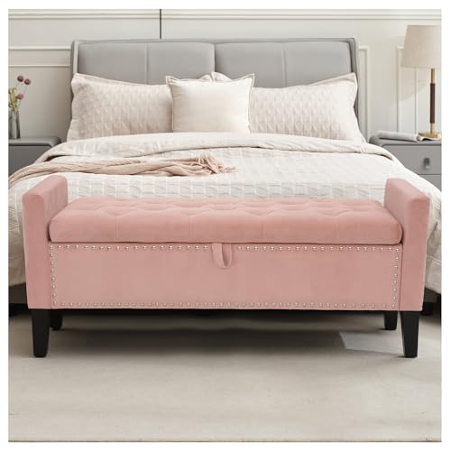 UDAX Storage Ottoman Bench, Velvet Upholstered Footstool for Bedroom and Living Room, Frosted Flannel Seat with Storage, Wooden Legs & Metal Rivets, Pink