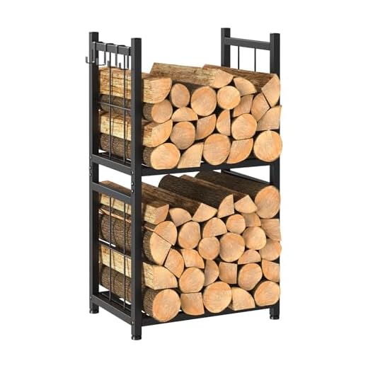 Shinoske Estante para leña de Chimenea con 4 ganchos, 44 x 30.5 x 82 cm, Estante de Leña para chimenea 2 Niveles Leñero Exterior e Interior Metálico, Negro