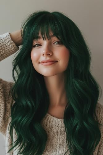 24 Inch Forest Green Wavy Wig with Bangs, Heat Resistant Synthetic Hair for Women, Adjustable Cap with Snap Clips for Daily Use, Wedding, Cosplay