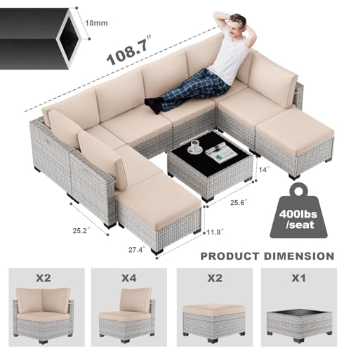 Image of Outdoor PE Wicker Rattan Modular Patio Sectional Sofa Set | 9-Piece: 6 Modular Seats, Coffee Table & 2 Ottomans, Khaki