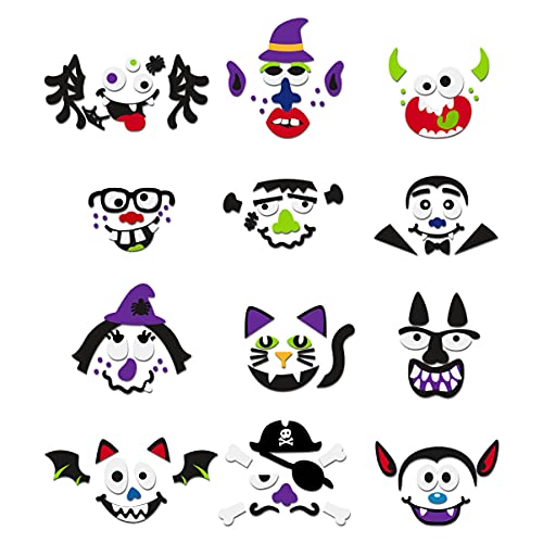 Unomor Halloween Pumpkin Decorating Craft Kit Stickers – Makes 24 Pumpkins (12 Designs with 2 Sizes & 30 Wood Sticks) Halloween Party Supplies Trick or Treat Party Favors