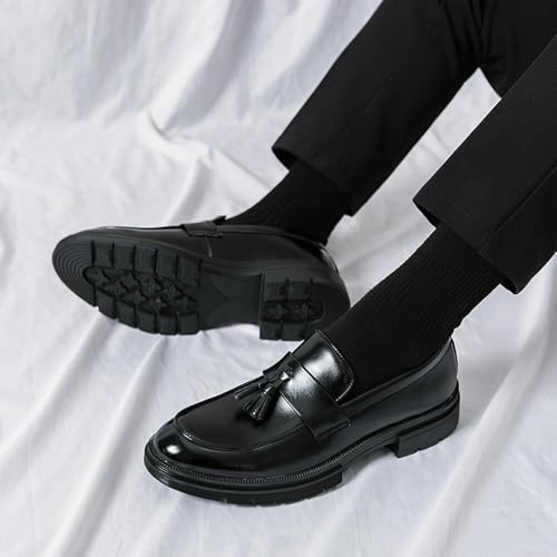 Mens Leather Slip-On Chunky Loafer Shoes with Tassel Fashion Round Toe Low Top Lug Sole Non-Slip Penny Loafers Business Dress Shoes for Men4