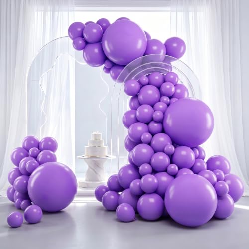 Image of RUBFAC Purple Balloons 129pcs, Lavender Lilac Purple Balloon Arch Kit, Different Sizes 18 12 10 5 Inch for Masquerade Party Decorations Engagement Bachelorette Birthday Bridal Baby Shower Supplies