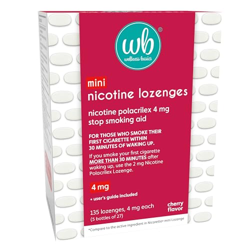 Wellness Basics Mini Nicotine Lozenge 4mg | Stop Smoking Aid | Cherry Flavor | 135 Count | Pack of 5 Vials | Reduces Cravings & Withdrawal Symptoms