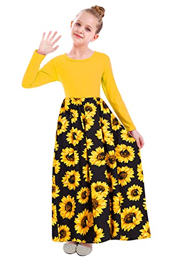 UNICOMIDEA Girls Sunflower Maxi Dresses Little Girls Yellow Floral Dresses with Pockets Fashion Long Sleeves Ankle Dress for Kids Formal Daily Long Dresses Fall Winter Long Swing Dresses for 6-7T