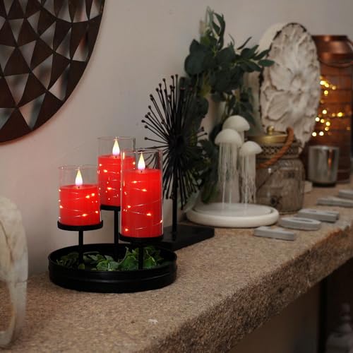 Image of Homemory Flickering Flameless Candles with String Lights, Battery Operated Candles, Embedded String Lights LED Candles, Unbreakable Plexiglass Candle with Remote, Set of 3, Red