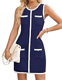 ZESICA Women's 2025 Summer Sleeveless Mini Dress Crewneck Button Knit Color Block Bodycon Party Short Dresses with Pockets,Navy,Small