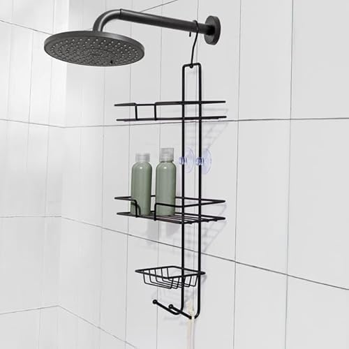 Metal Hanging Shower Caddy Organizer, Sturdy Overhead Shower Head Storage Rack, Bathroom Shelf for Shampoo, Soap, Razors, and More