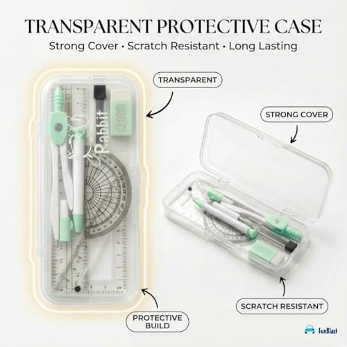 Image of FunBlast Rabbit Theme Compass Set - 7 Pcs Transparent Geometry Box with Protector, Set Squares, Ruler, Compasses, Ruler Set, Math Geometry Kit for Student & Professional (Green)