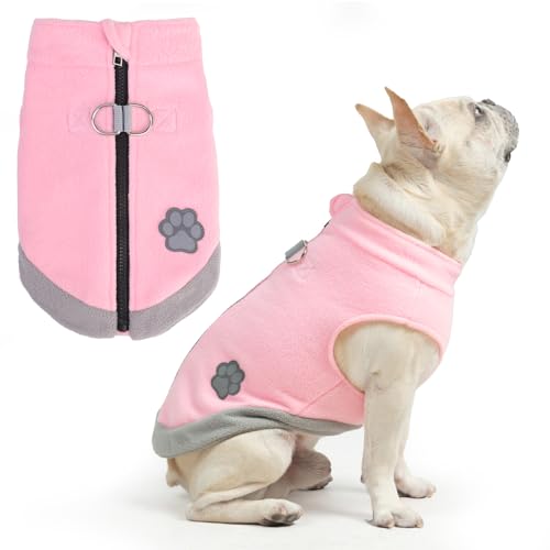 Image of Mihachi Dog Fleece Vest Sweater Zip Up Warm Pullover Step-in Dog Jacket with Dual D-Ring Leash, Winter Cold Weather Reflective Coat Clothes Hoodie for Small Medium Dogs Puppy Cat Boy Girl, Pink XL